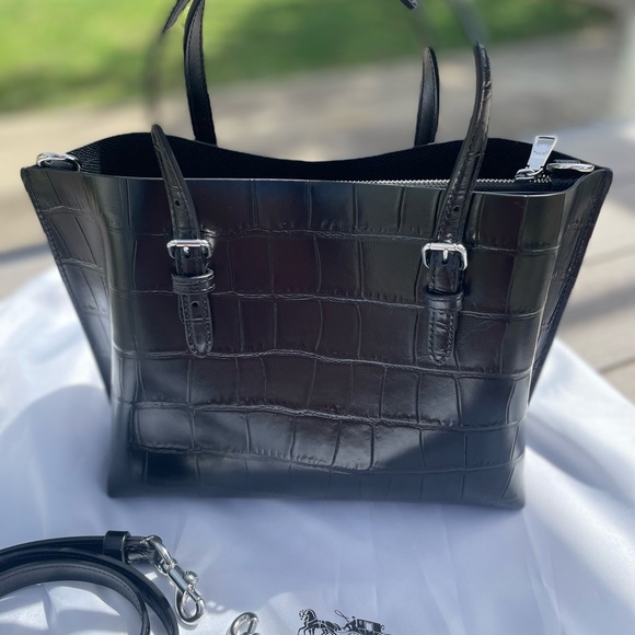 Coach Mollie Black Croc-Embossed Leather Tote - Picture 3 of 8